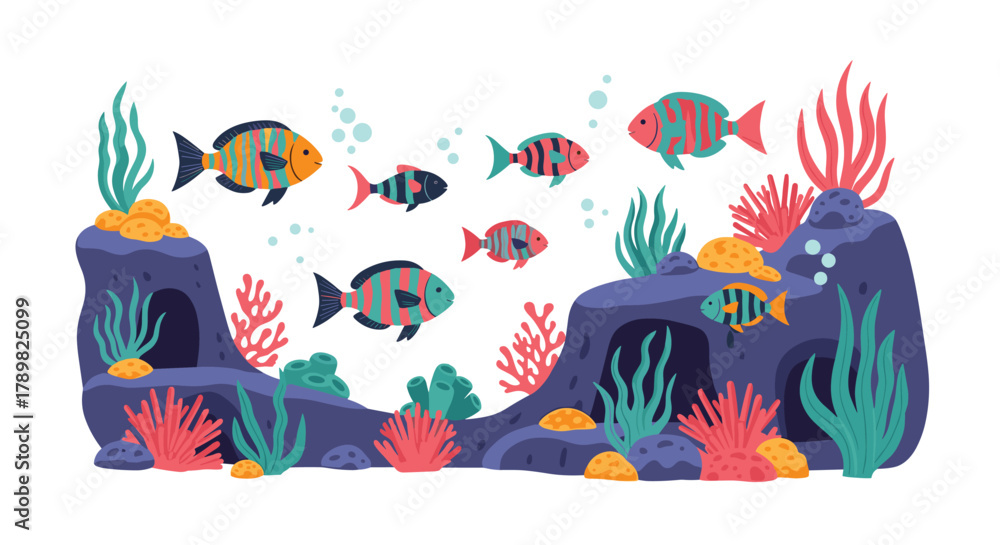Fototapeta premium Colorful fish and coral reefs populate a vibrant underwater ocean scene with various marine plants and rocky formations.