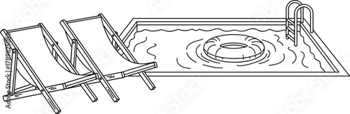 Swimming pool scene, lounge chairs, floating tube, pool ladder, summer relaxation, minimalist line art, leisure theme, flat vector illustration