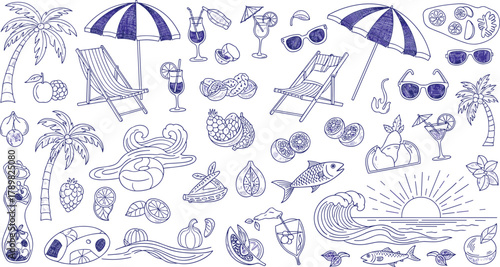 Summer beach sketch, tropical drinks, palm trees, ocean sunset, fruits and waves, vacation elements, blue ink style, flat vector illustration