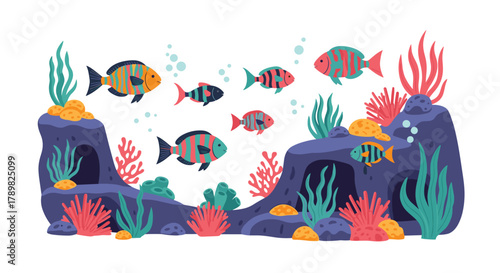 Colorful fish and coral reefs populate a vibrant underwater ocean scene with various marine plants and rocky formations.