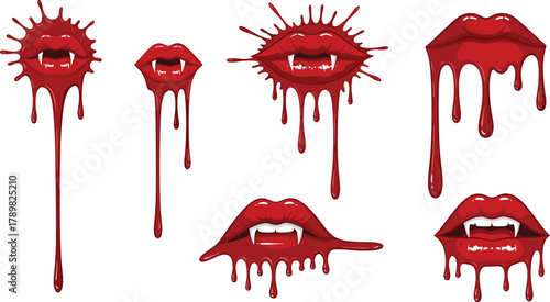 Vampire lips icons, dripping blood fangs, gothic horror style, Halloween theme, spooky expression, dark art, flat vector illustration
