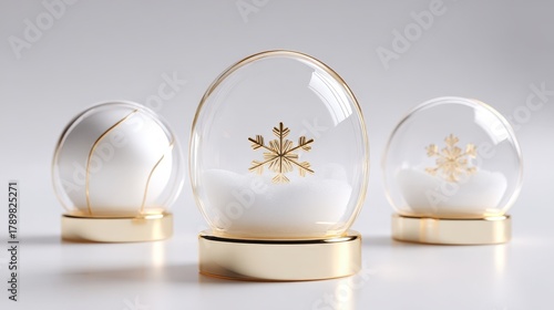 Elegant snow globe ornament with transparent glass dome, gold accents, minimalist design, perfect for holiday decor, gifting, and stylish interior decoration