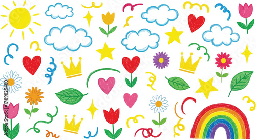 HandDrawn Clouds, Sun, Hearts, Flowers, Crowns, Stars, Rainbows on White Background