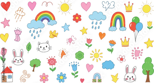 HandDrawn Colorful Doodles with Rainbows, Hearts, Flowers, and Cute Animals