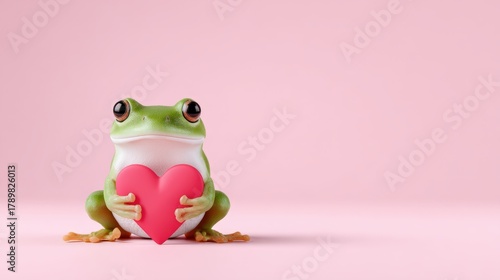 Beautiful green frog holding a pink heart symbolizing love, tenderness, and innocence in a vibrant, natural outdoor setting with charming and adorable wildlife appeal