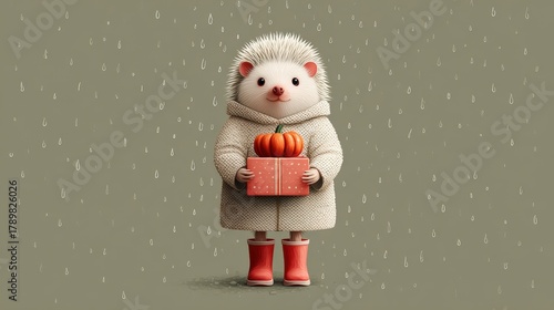 Cute plush hedgehog toy with cozy winter clothing, holding a pumpkin and gift box, perfect for children, nursery decor, collectible, and seasonal gift ideas