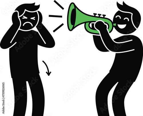 Annoying trumpet player making noise, causing stress and anxiety
