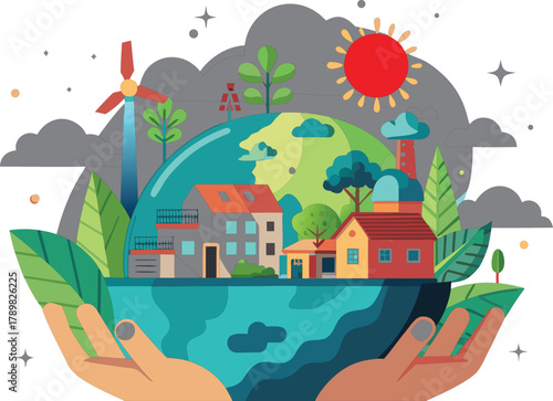 Hands holding the earth with a sustainable city and renewable energy
