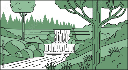 Stunning waterfall scene with lush forest and vibrant green foliage