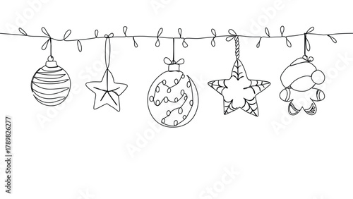 Continuous line drawing of festive christmas ornaments hanging on a string.