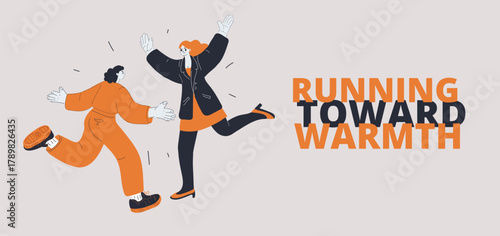 Cartoon vector illustration of two women running toward each other with open arms, symbolizing friendship and reunion