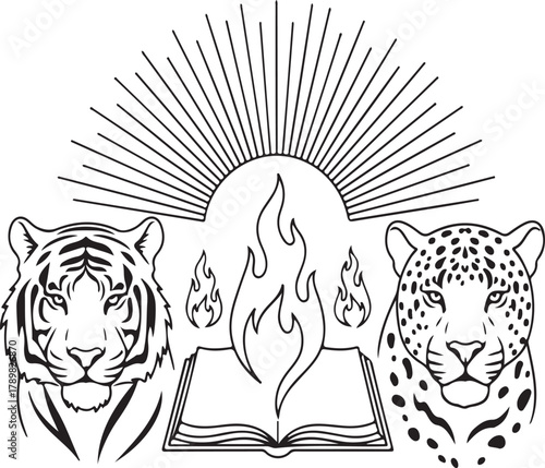 Tiger and leopard with flaming book illustration, power wisdom enlightenment line art design