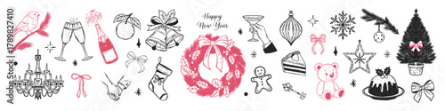 Whimsical Christmas and New Year doodle set. Sketch holiday elements. Wreath, tree, cake, gingerbread, stockings, chandelier, bird and bows in hand drawn style.