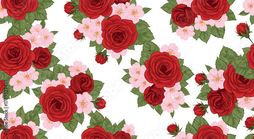 Red roses and delicate pink blossoms with vibrant green leaves form a beautiful floral seamless pattern on a clean white background.