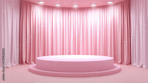3d render of an empty stage with pink curtains and white lights on the podium, front view, flat lay background, pastel colors. Ai generated