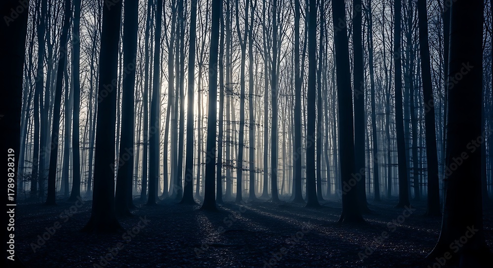 Fototapeta premium Eerie forest with dense trees casting long shadows, creating a mysterious and atmospheric scene, evoking a sense of solitude and tranquility in nature
