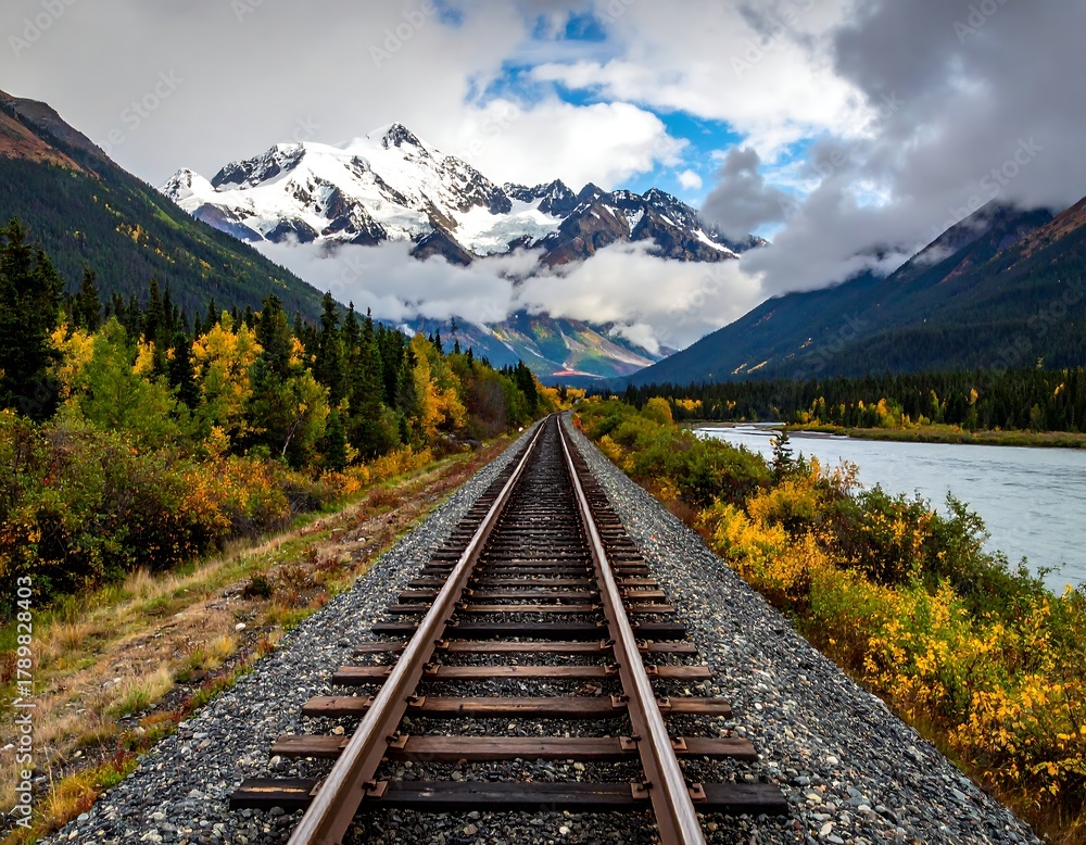 Fototapeta premium Rails stretching into a valley dominated by snowy mountains and a river