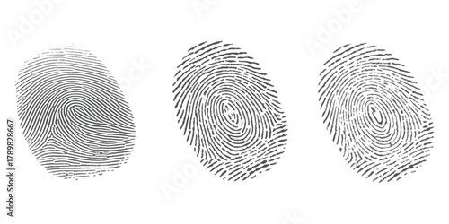 Biometric identification three human fingerprints for security isolated on white background