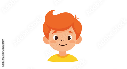 Portrait of a happy cartoon boy with vibrant orange hair and a friendly smile, dressed in a casual yellow shirt, on a clean white background.