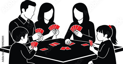 Family plays cards together, bonding over game night fun and laughter