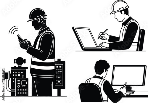 Engineers planning construction project with laptops and smart devices