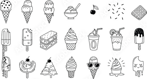 Ice Cream Line Art Collection with Cones, Popsicles, Sundae, Waffle, Cherry on Transparent