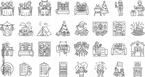 Isolated Line Art Icons Collection with Diverse Activities and Themes on Transparent Background