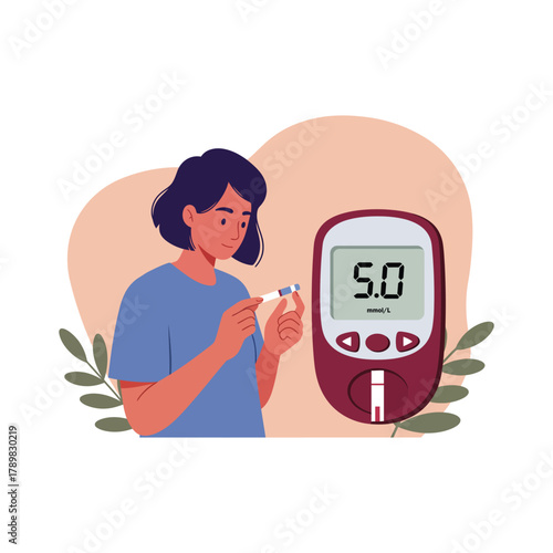 Woman checks blood sugar with glucometer Diabetes self care illustration