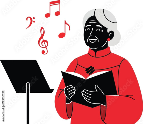 Joyful senior woman singing with passion from music book onstage