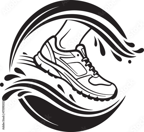 Minimal vector illustration of running shoe with swoosh motion lines, fitness sports concept