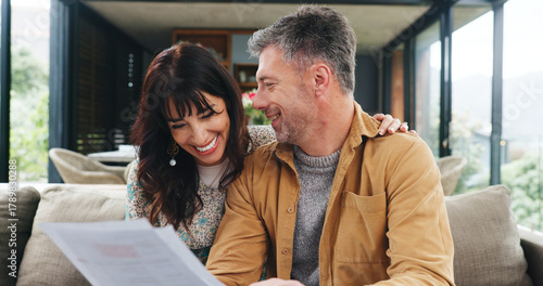 Fotografía Documents, finance and laughing with couple on sofa in living room of apartment for financial review