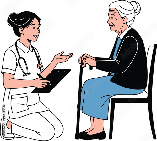 Caring nurse consults with senior woman about health at home visit