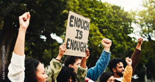 Sign, park and protest with people for environment, stop pollution or go green. Outdoor, students or rally with poster for climate change, sustainability or fist for demonstration with call to action