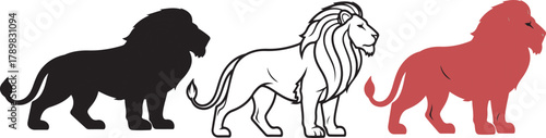 Three lion vector silhouettes design, black red white minimal wildlife outline illustration