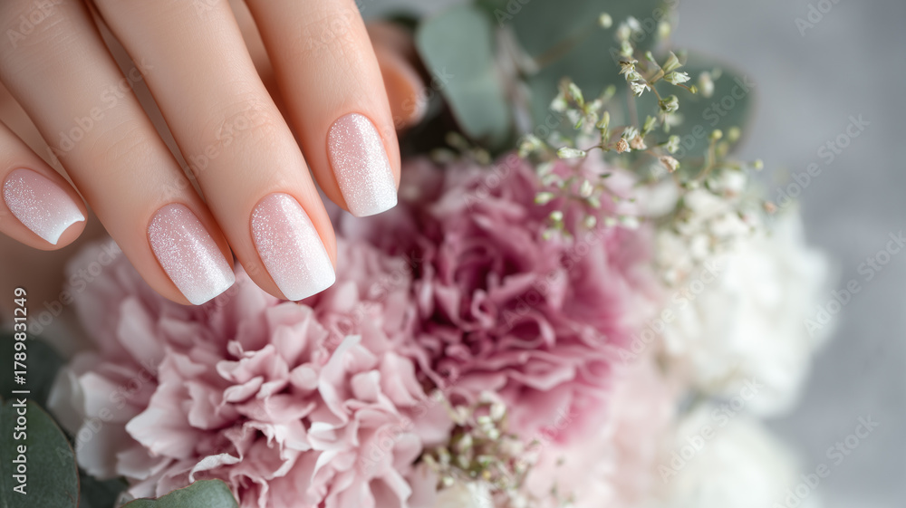 Fototapeta premium Beautiful woman's hands with a white glitter manicure on a gray background, close-up of the hand and nail design in an elegant setting. Ai generated