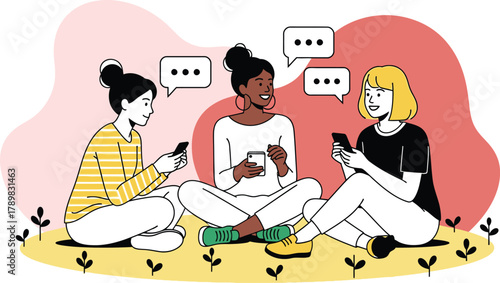 Three friends chatting on phones sitting together outside smiling