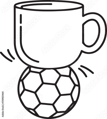 Minimal coffee mug and soccer ball vector design, black and white creative outline art