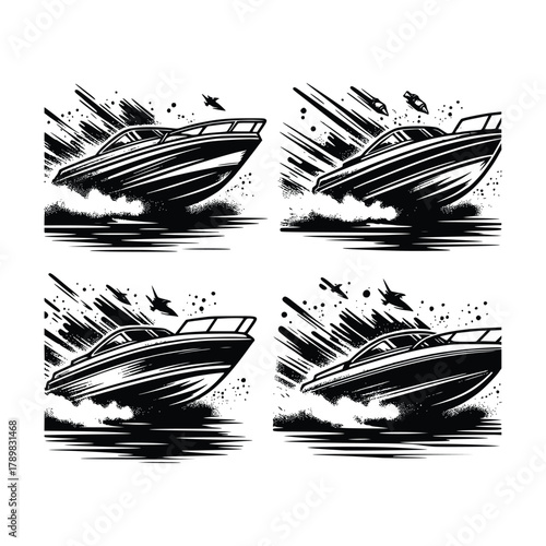 Four Speedboat Illustrations in Black and White with Water Wake