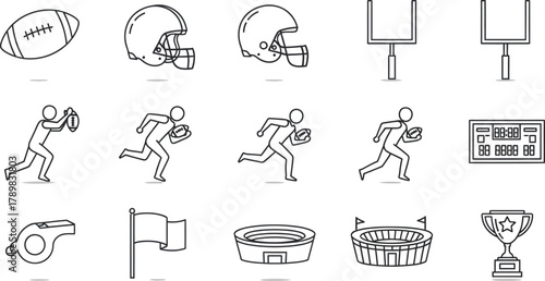 Line art American football equipment collection set on transparent background icons