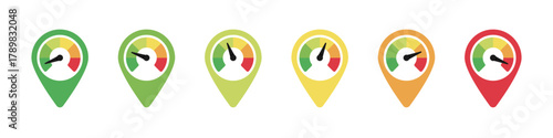 Gauge scale meter in location. Level meter vector set. Green to red score measurement panel set.