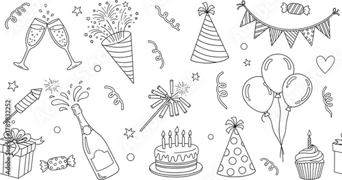 Line Art Celebration Elements with Toasts, Cake, Balloons, Confetti on Transparent