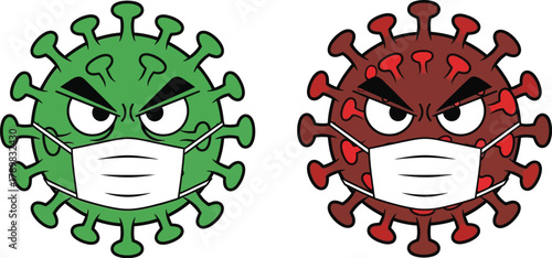 Angry viruses wearing masks grimace on a white background health crisis