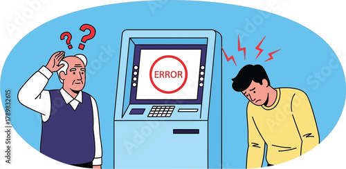 Frustrated ATM users encountering error message with money troubles