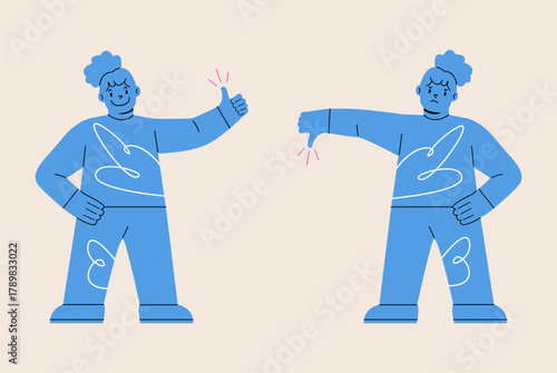Girl show hand gesture thumb up and thumb down. Colorful vector illustration