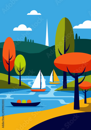 Sailing on a Serene Lake Surrounded by Autumn Foliage and Hills Under a Clear Blue Sky