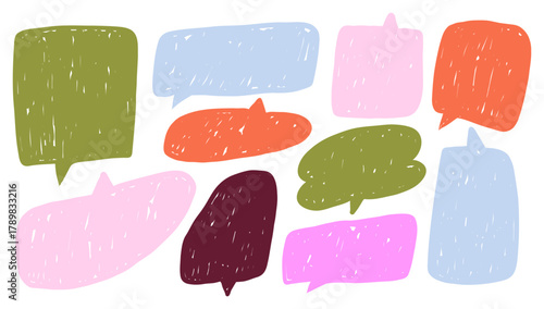 Collection of hand drawn crayon speech bubbles. 