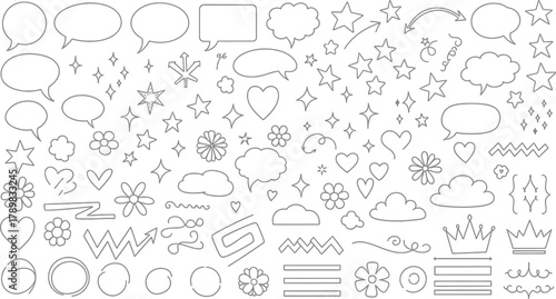 Line Art Elements HandDrawn Speech Bubbles, Stars, Hearts, Flowers on Transparent Background