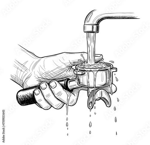 Hand Washing Portafilter Under Faucet in Detailed Line Art. Vector Illustration for Coffee Preparation and Cleanliness.