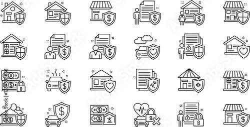 Line art Icon Set featuring Shield Protection for Homes, Cars, Finances and Health