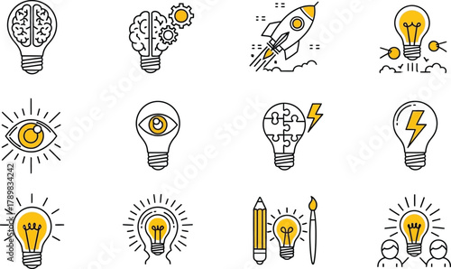 Line Art Ideas Set, Creativity Symbols with Transparent Background, Bulb, Brains, Rockets